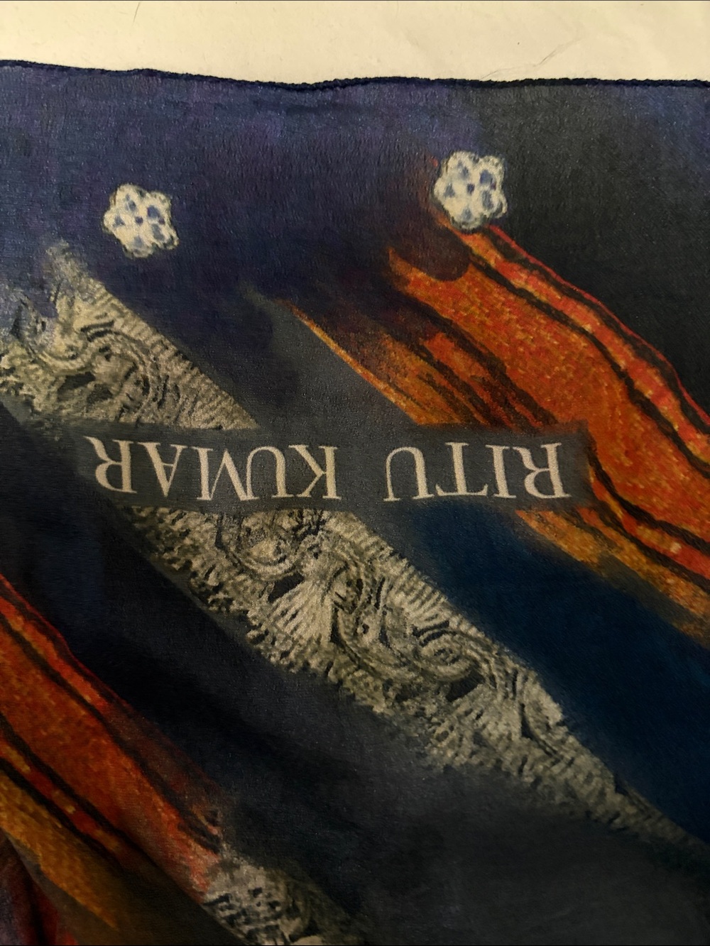 Ritu Kumar designer Navy and Orange Printed Silk Scarf nwt - Picture 4 of 5